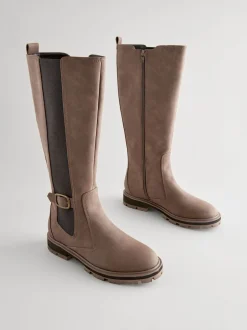 Chocolate Brown Standard/Wide Fit Knee High Buckle Chelsea Boots