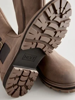 Chocolate Brown Standard/Wide Fit Knee High Buckle Chelsea Boots
