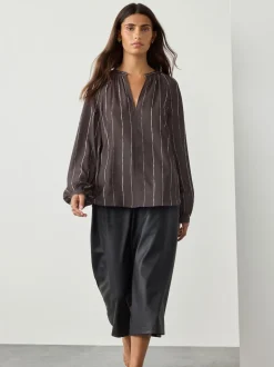 Chocolate Brown Stripe Long Sleeve V-Neck Blouse