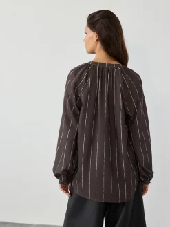 Chocolate Brown Stripe Long Sleeve V-Neck Blouse