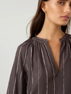 Chocolate Brown Stripe Long Sleeve V-Neck Blouse