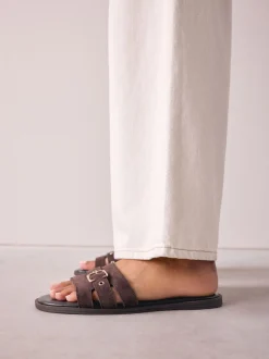 Chocolate Brown Suede Buckle Mule Sandals