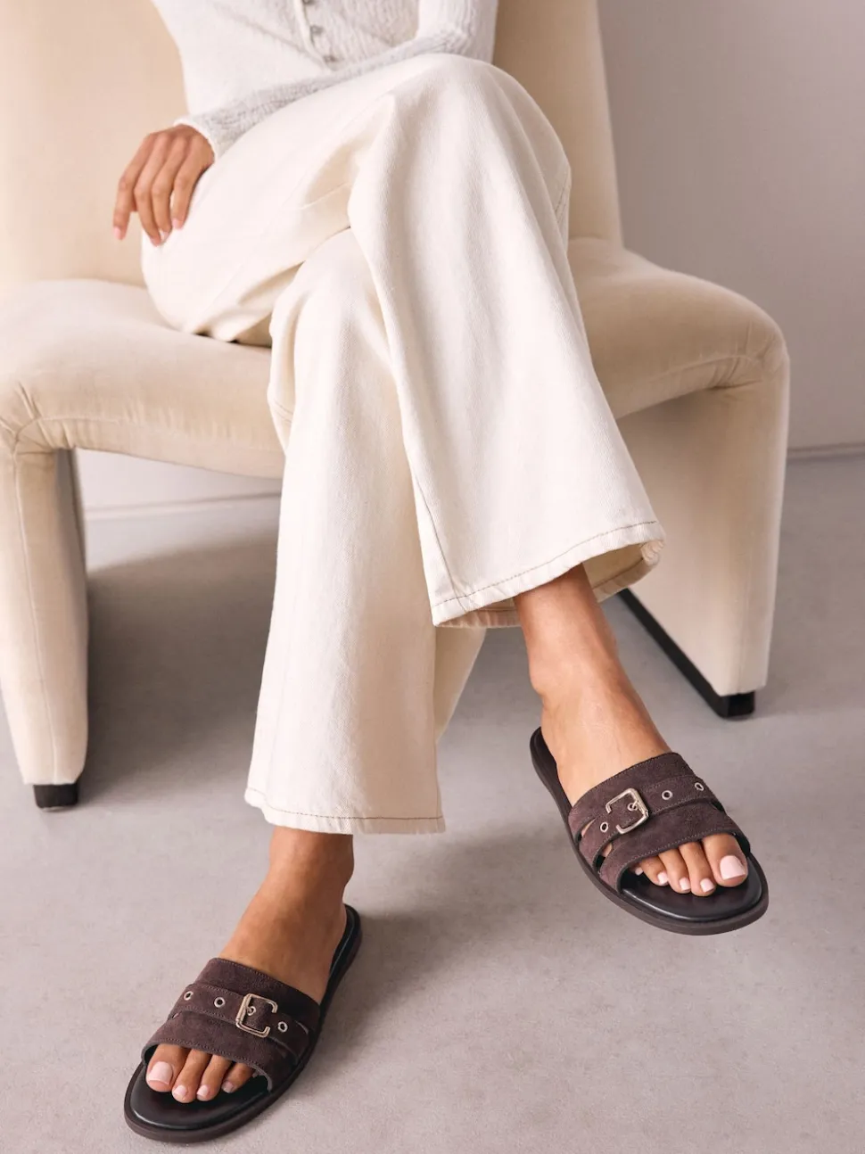 Chocolate Brown Suede Buckle Mule Sandals