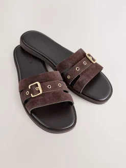 Chocolate Brown Suede Buckle Mule Sandals