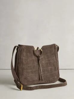 Chocolate Brown Suede Croc Messenger Cross-Body Bag