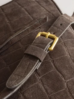 Chocolate Brown Suede Croc Messenger Cross-Body Bag