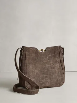 Chocolate Brown Suede Croc Messenger Cross-Body Bag