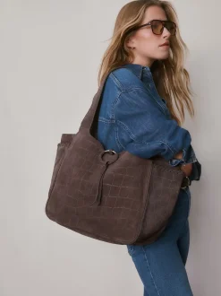 Chocolate Brown Suede Croc Effect Shoulder Bag