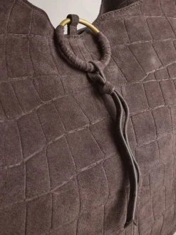 Chocolate Brown Suede Croc Effect Shoulder Bag