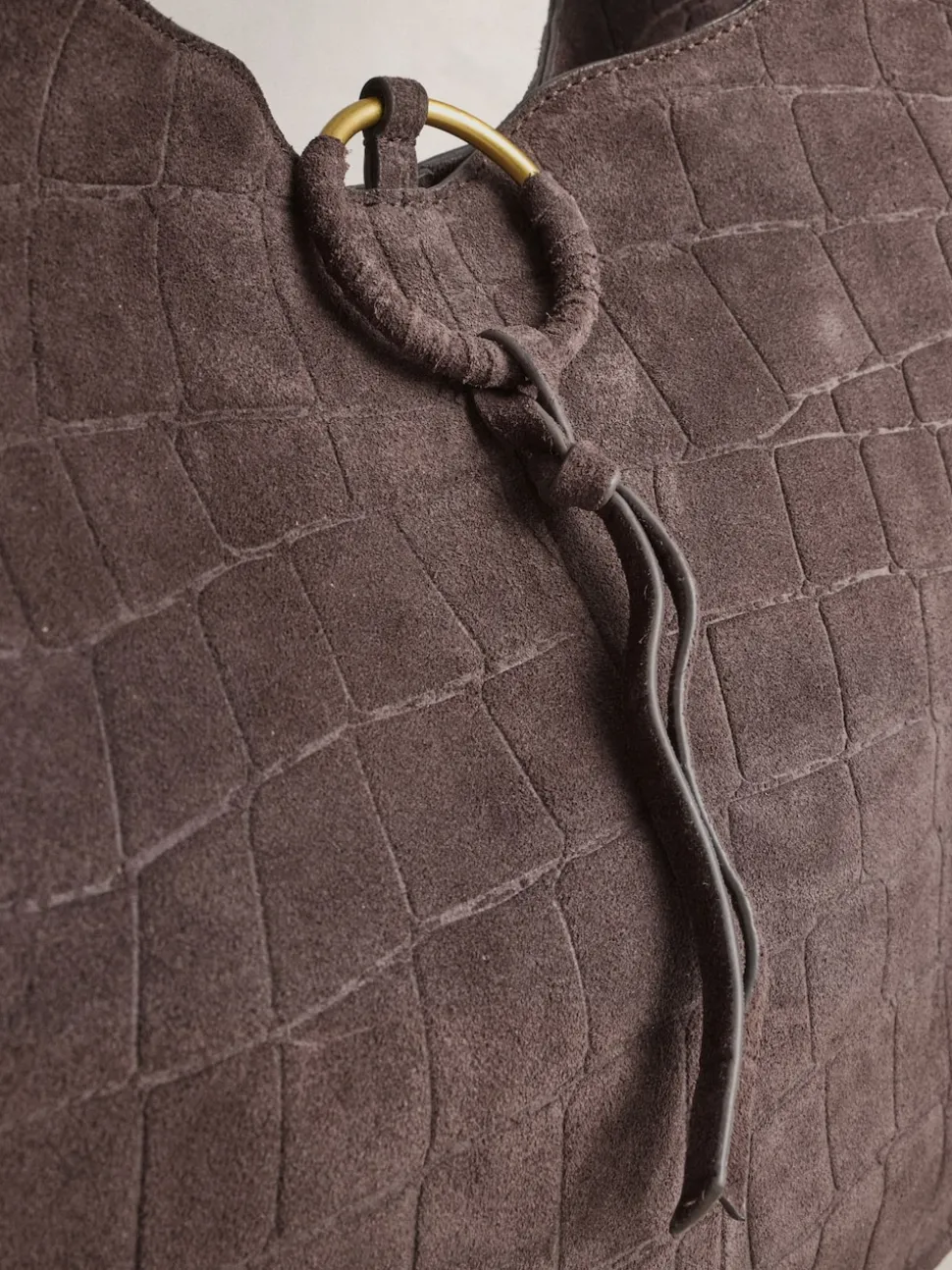 Chocolate Brown Suede Croc Effect Shoulder Bag