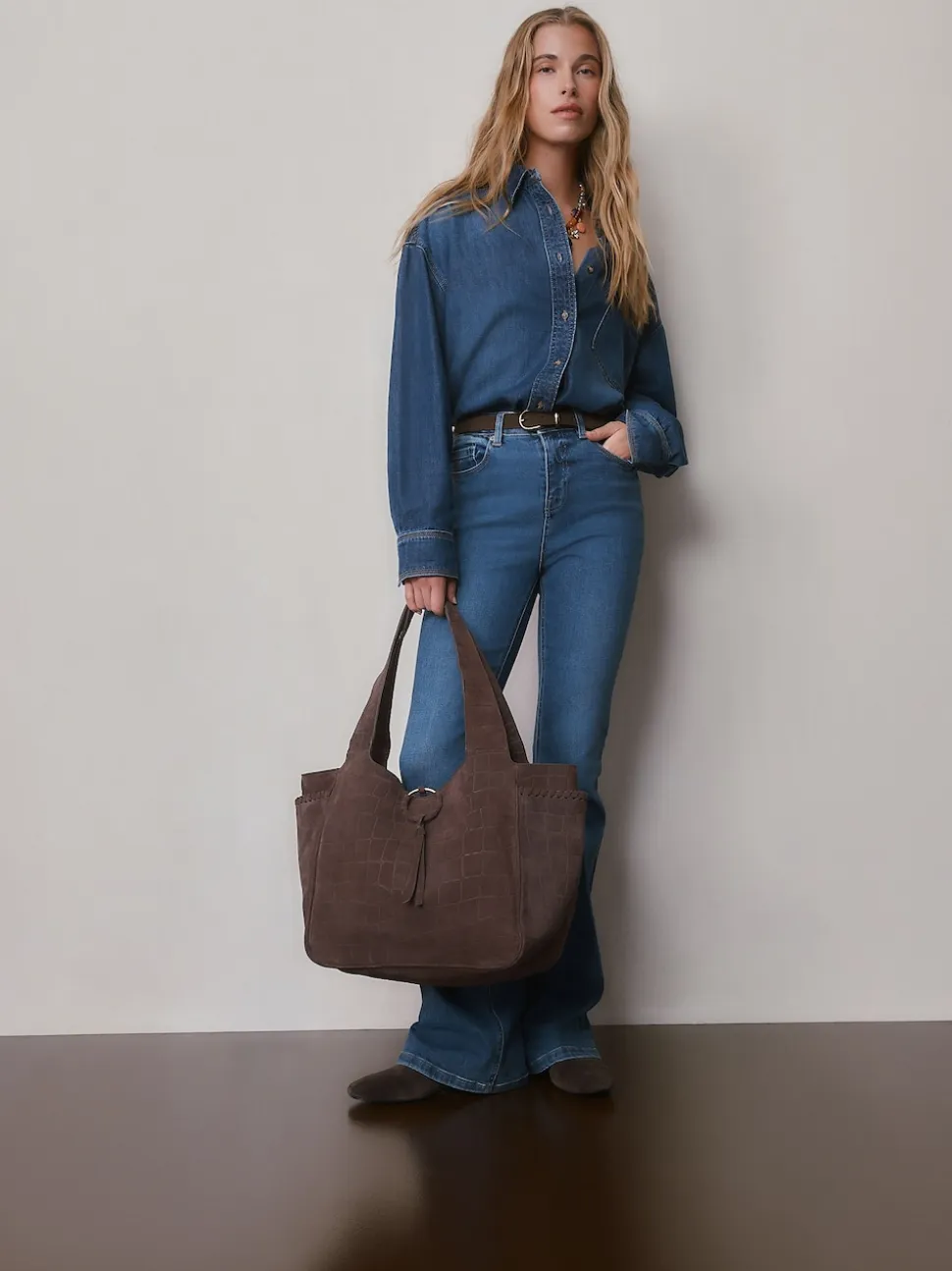 Chocolate Brown Suede Croc Effect Shoulder Bag