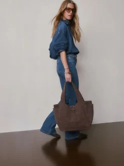 Chocolate Brown Suede Croc Effect Shoulder Bag