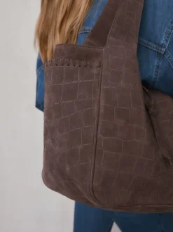 Chocolate Brown Suede Croc Effect Shoulder Bag