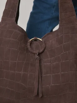 Chocolate Brown Suede Croc Effect Shoulder Bag