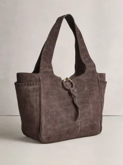 Chocolate Brown Suede Croc Effect Shoulder Bag