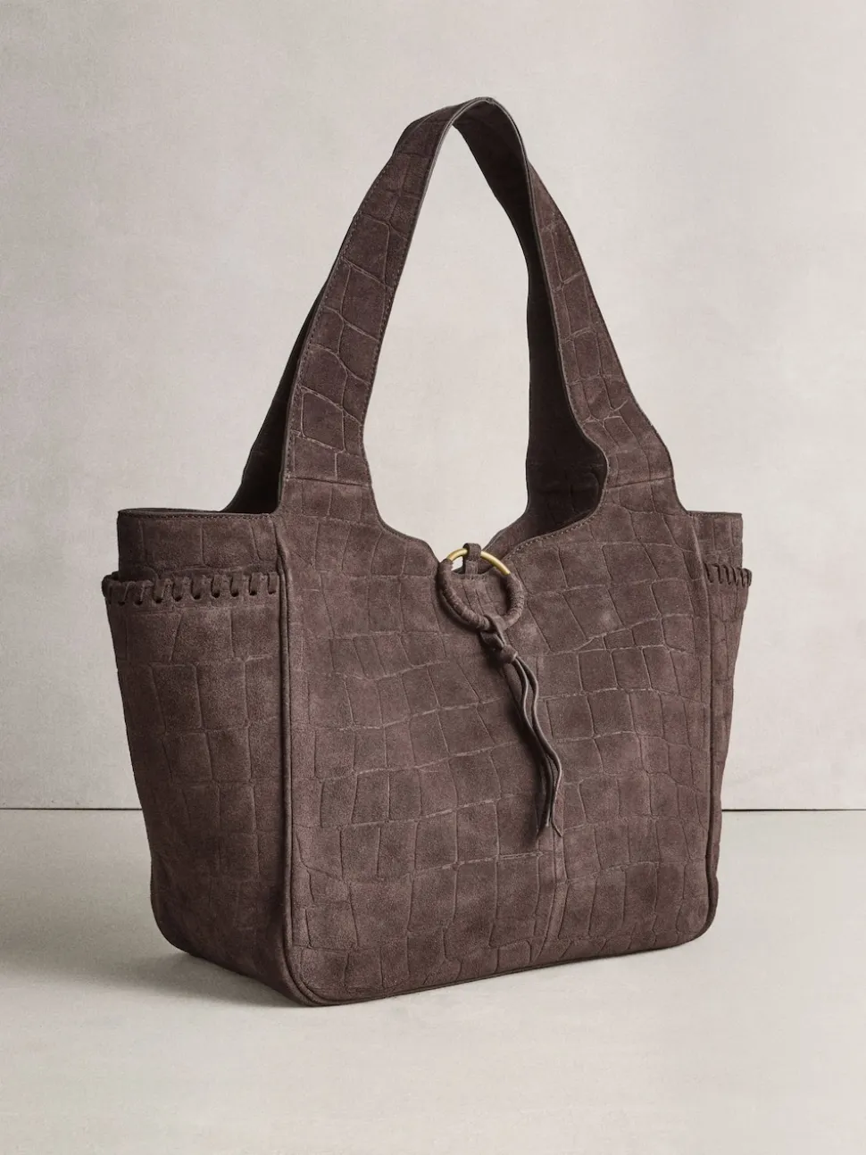Chocolate Brown Suede Croc Effect Shoulder Bag