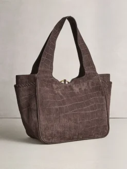 Chocolate Brown Suede Croc Effect Shoulder Bag
