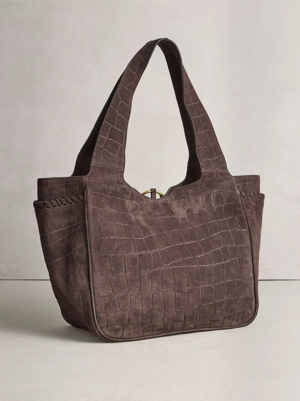 Chocolate Brown Suede Croc Effect Shoulder Bag