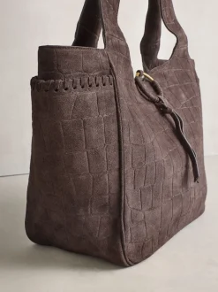 Chocolate Brown Suede Croc Effect Shoulder Bag