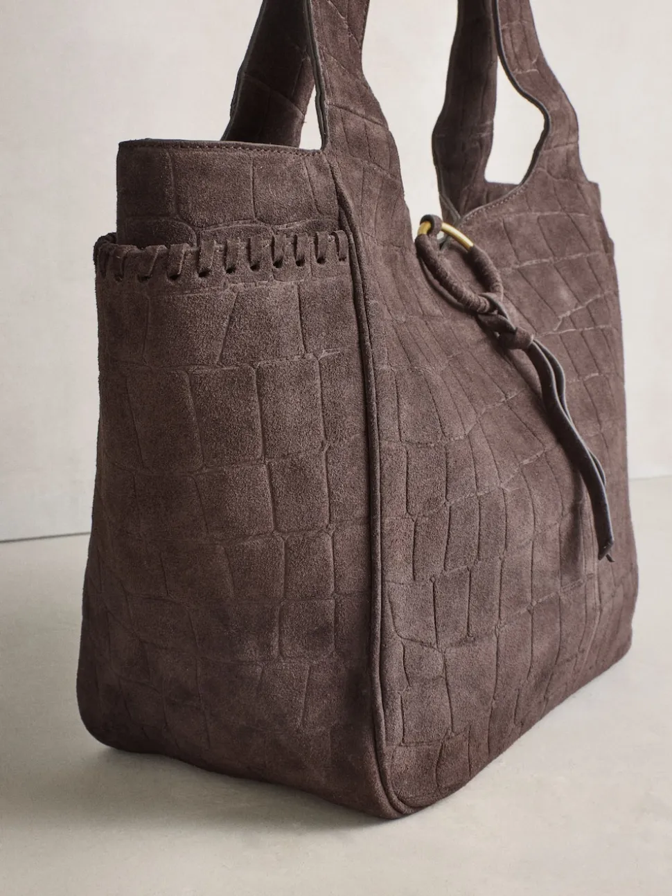 Chocolate Brown Suede Croc Effect Shoulder Bag