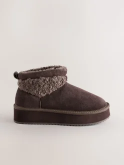 Chocolate Brown Suede Faux Fur Borg Platform Boots