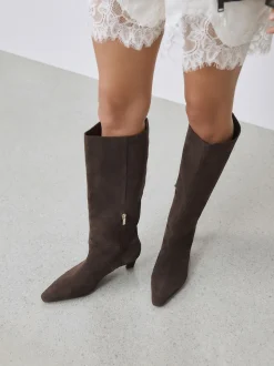 Chocolate Brown Suede Forever Comfort® Knee High Chisel Toe Heeled Boots