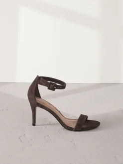 Chocolate Brown Suede Signature Premium Leather Round Toe Buckle Detail Mid Simple Sandals