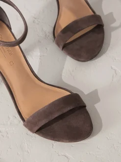 Chocolate Brown Suede Signature Premium Leather Round Toe Buckle Detail Mid Simple Sandals