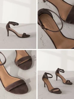 Chocolate Brown Suede Signature Premium Leather Round Toe Buckle Detail Mid Simple Sandals