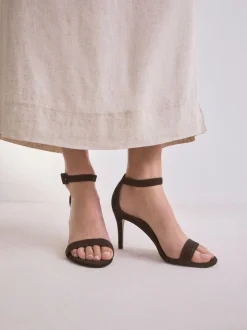 Chocolate Brown Suede Signature Premium Leather Round Toe Buckle Detail Mid Simple Sandals