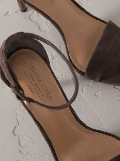Chocolate Brown Suede Signature Premium Leather Round Toe Buckle Detail Mid Simple Sandals