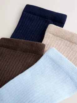 Chocolate Brown/Blue Ribbed Ankle Socks 4 Pack