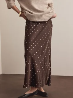 Chocolate Brown/Cream Polka Dot Satin Midi Skirt