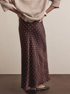 Chocolate Brown/Cream Polka Dot Satin Midi Skirt