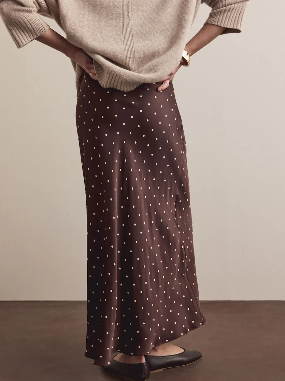Chocolate Brown/Cream Polka Dot Satin Midi Skirt