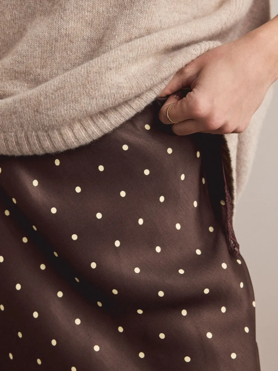 Chocolate Brown/Cream Polka Dot Satin Midi Skirt