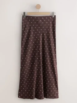 Chocolate Brown/Cream Polka Dot Satin Midi Skirt