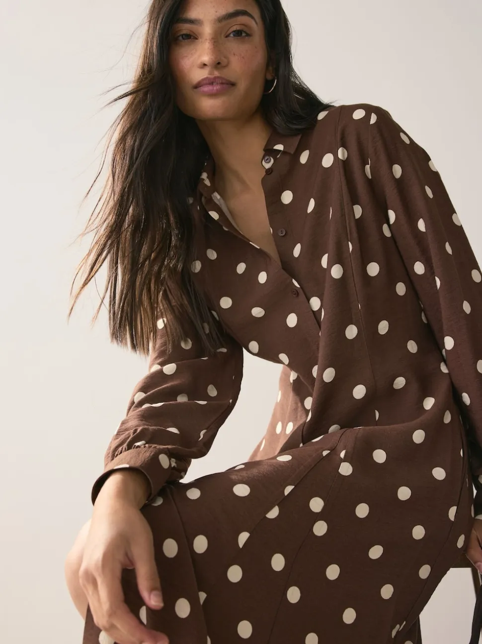 Chocolate Brown/Ecru Polka Dot Printed Long Sleeve Shirt Dress