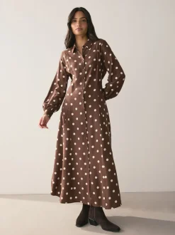 Chocolate Brown/Ecru Polka Dot Printed Long Sleeve Shirt Dress