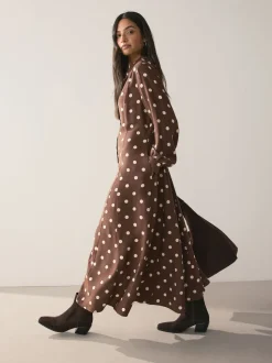 Chocolate Brown/Ecru Polka Dot Printed Long Sleeve Shirt Dress