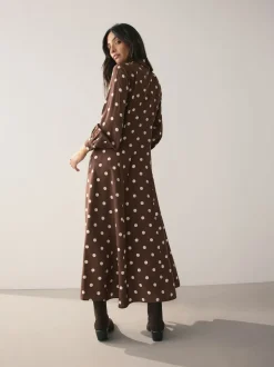 Chocolate Brown/Ecru Polka Dot Printed Long Sleeve Shirt Dress