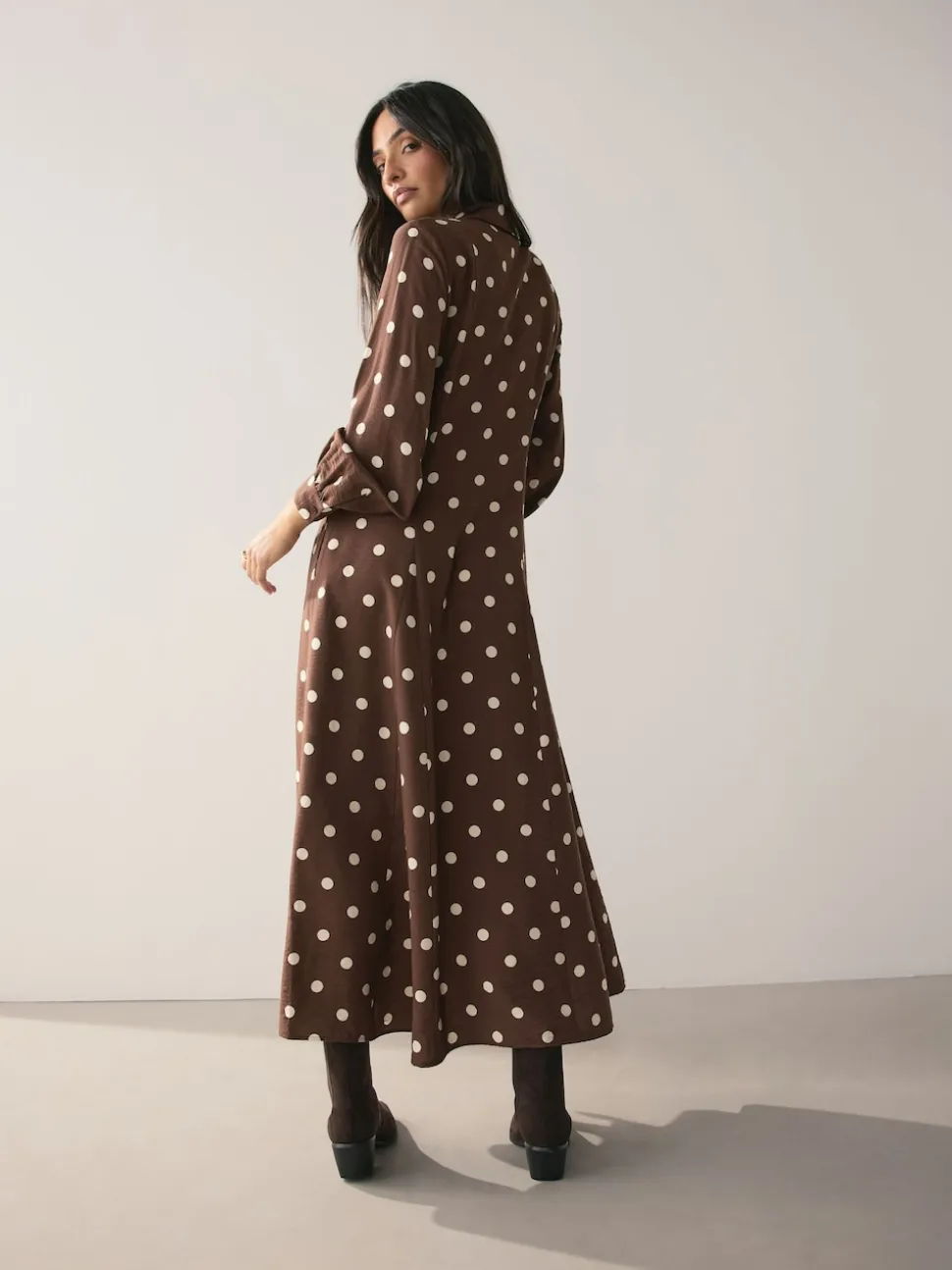 Chocolate Brown/Ecru Polka Dot Printed Long Sleeve Shirt Dress