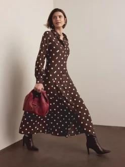 Chocolate Brown/Ecru Polka Dot Long Sleeve Midi Shirt Dress
