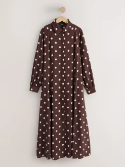 Chocolate Brown/Ecru Polka Dot Long Sleeve Midi Shirt Dress