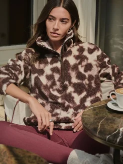 Chocolate Brown/Pink Leopard Soft Touch Cosy Teddy Borg Quarter Zip Fleece