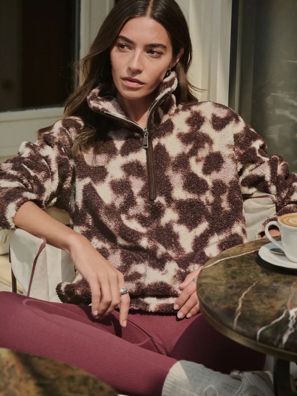 Chocolate Brown/Pink Leopard Soft Touch Cosy Teddy Borg Quarter Zip Fleece
