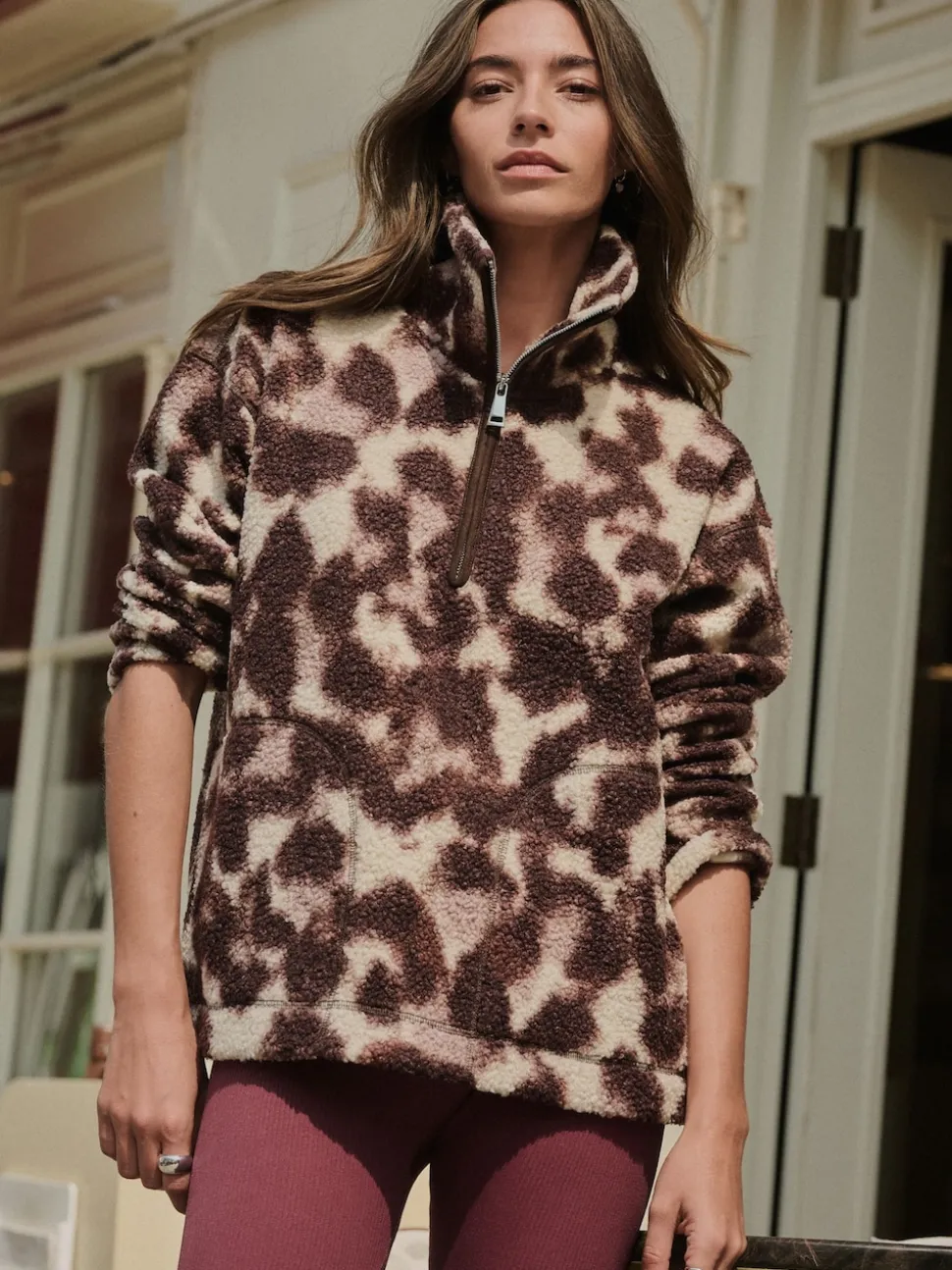 Chocolate Brown/Pink Leopard Soft Touch Cosy Teddy Borg Quarter Zip Fleece