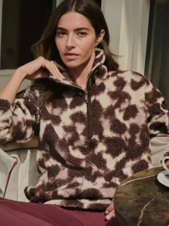 Chocolate Brown/Pink Leopard Soft Touch Cosy Teddy Borg Quarter Zip Fleece