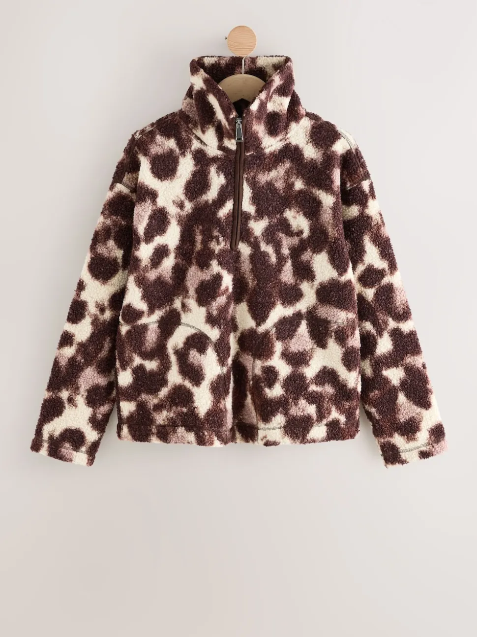 Chocolate Brown/Pink Leopard Soft Touch Cosy Teddy Borg Quarter Zip Fleece