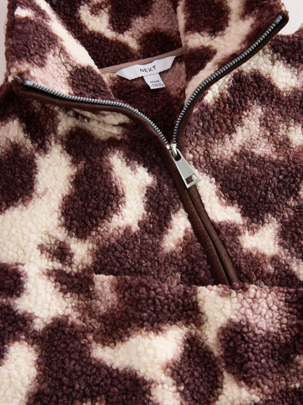 Chocolate Brown/Pink Leopard Soft Touch Cosy Teddy Borg Quarter Zip Fleece